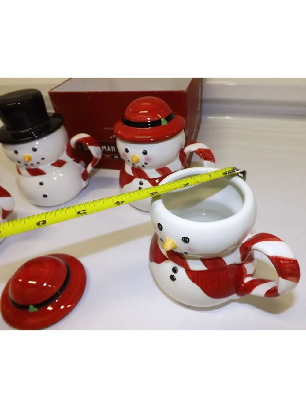 Williams Sonoma Snowman Mugs w Hats Set Of 4 Holiday Christmas Hot Chocolate Mmm
